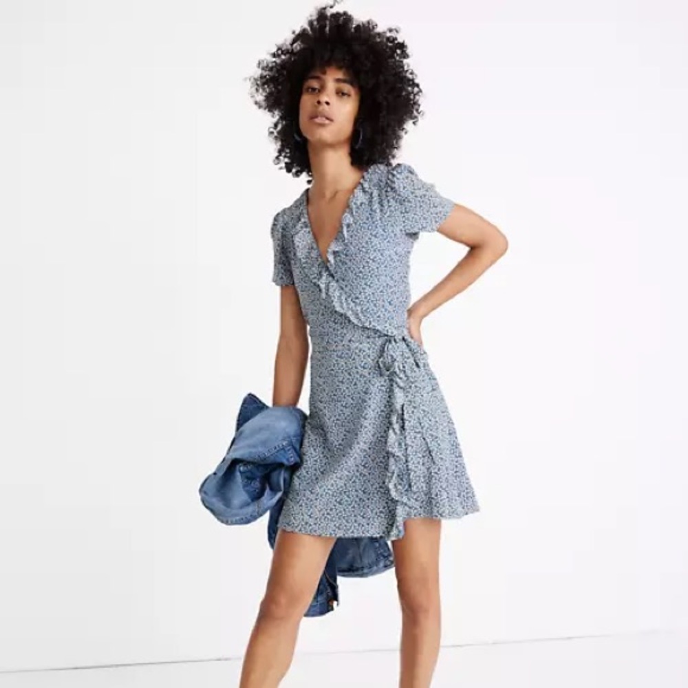 Madewell Silk Ruffle-Edge Wrap Dress Bitsy Floral